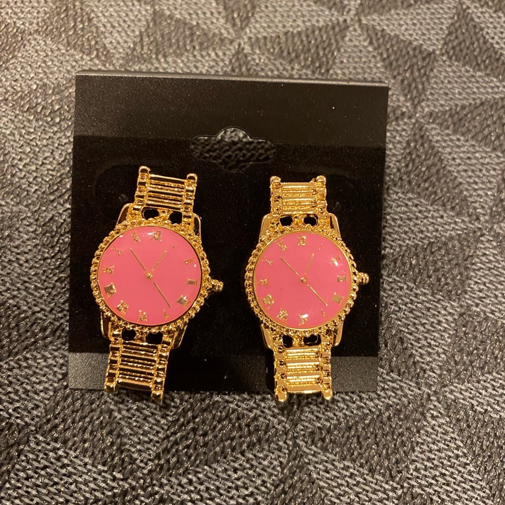 Elegant Gold and Pink Women's Watch Earrings
